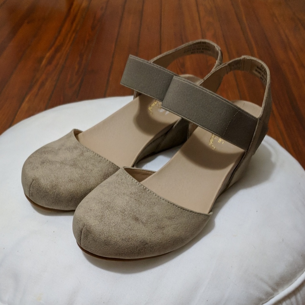 Taupe Elastic Ankle Strap Wedges